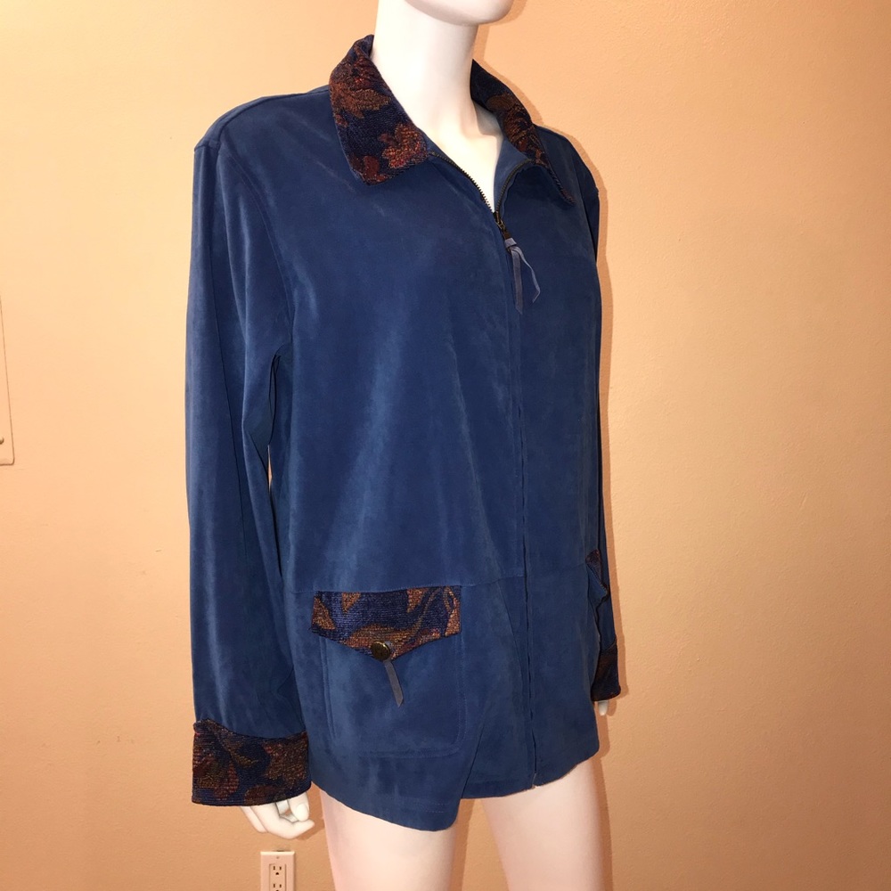 Vintage 90s Susan Graver Zip Up Jacket Blue Size Large Tapestry Trim Eclectic